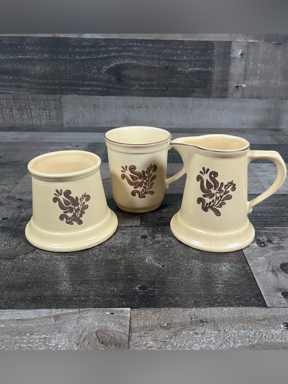 Vintage Pfaltzgraff Village Brown Pattern Sugar Bowl No Lid, Creamer & 1 Mug